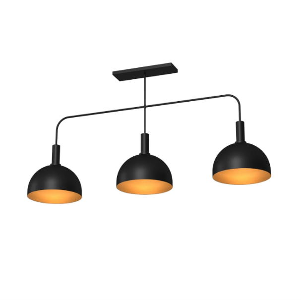 Prohibition Bootlegger 3-light fixture with illuminated orange-gold shade interiors on a white background