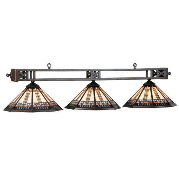 Winslow 3-shade billiards fixture with geometric stained glass shades and oil-rubbed bronze frame