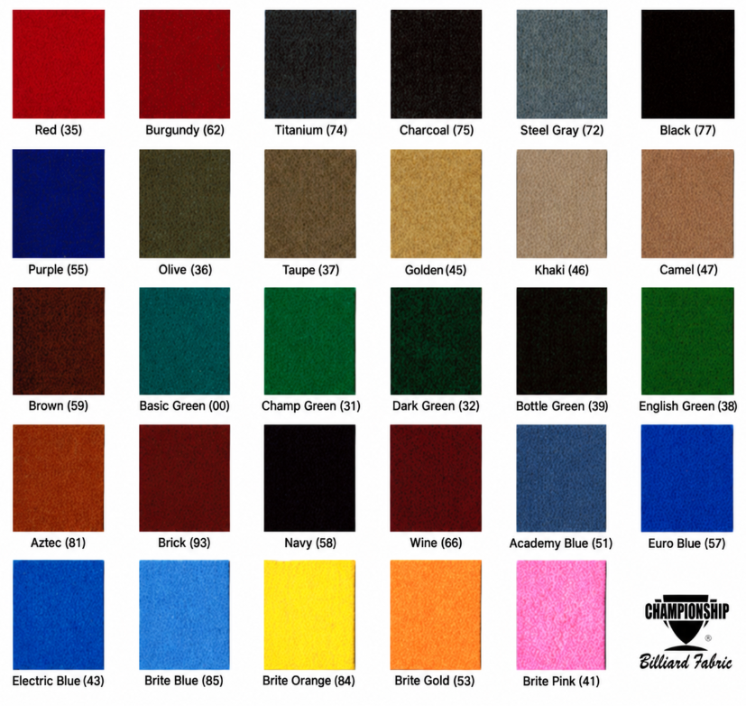 Championship felt color chart showing 29 labeled fabric swatches and their manufacturer color codes.