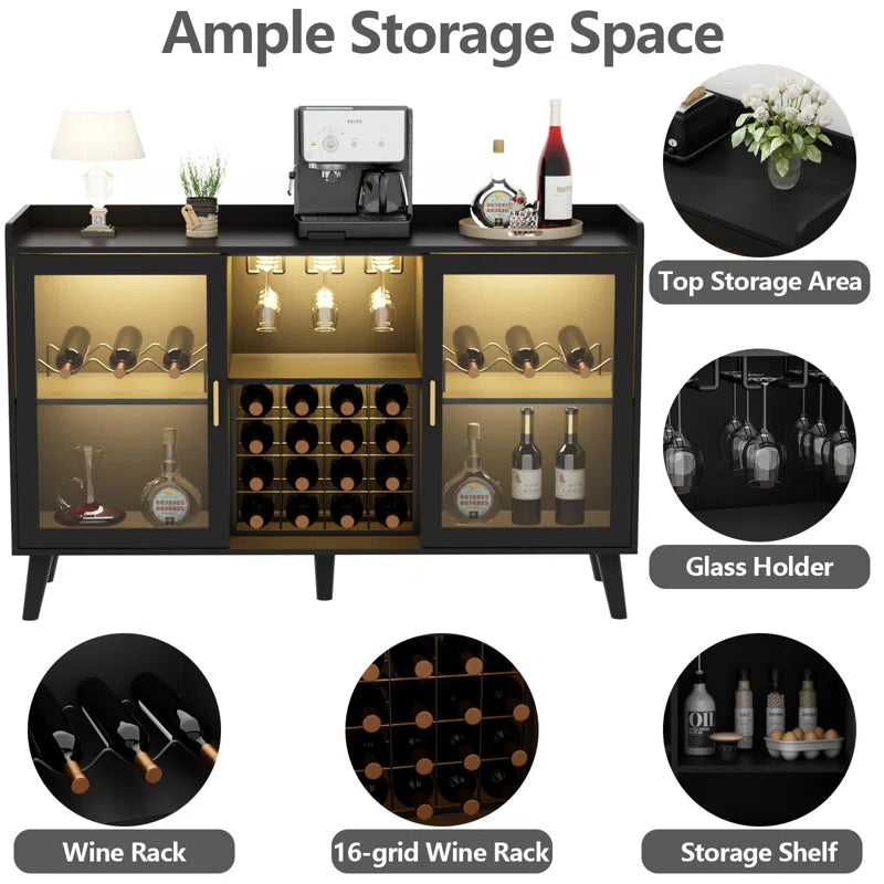 Ermo bar cabinet storage diagram showing the tabletop, glass rack, shelves, and wine racks