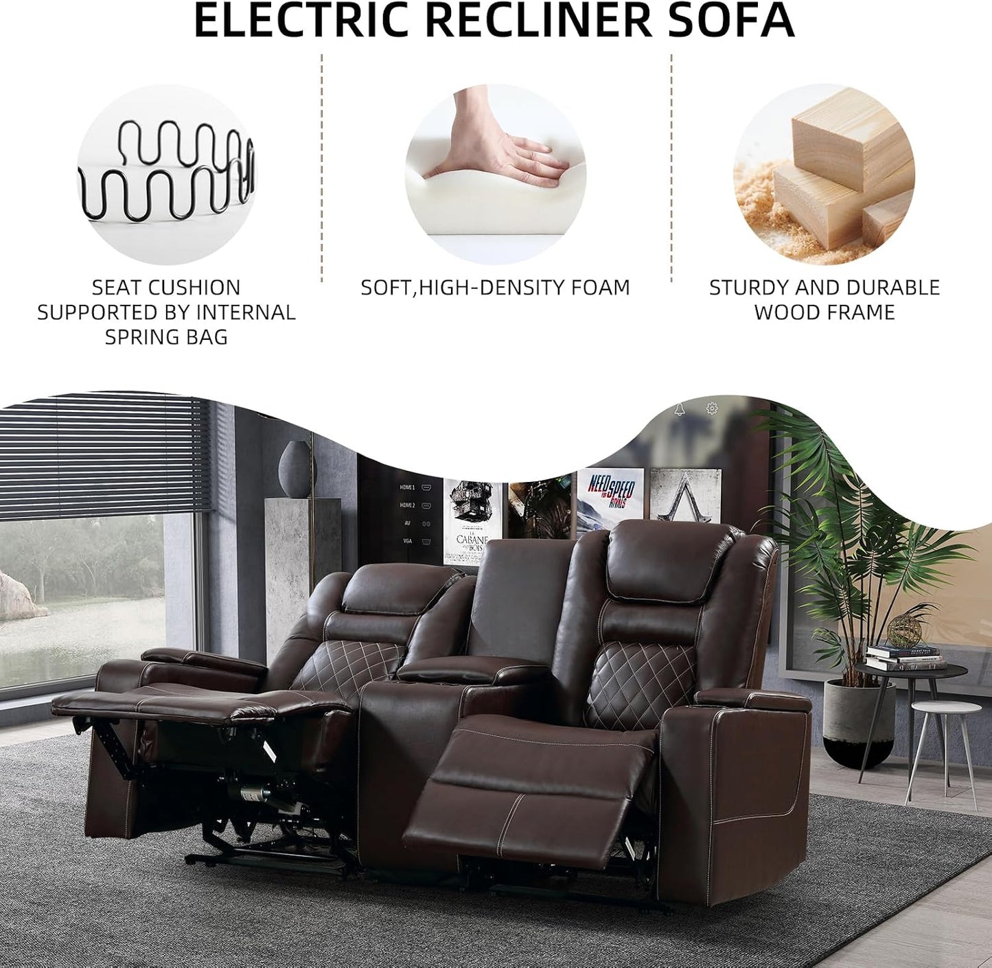 Home Theater Seating Seats, Theater Recliner Chair Power Recliner Sofa with Console, Cup Holders, Hidden Arm Storage, USB Ports,Brown