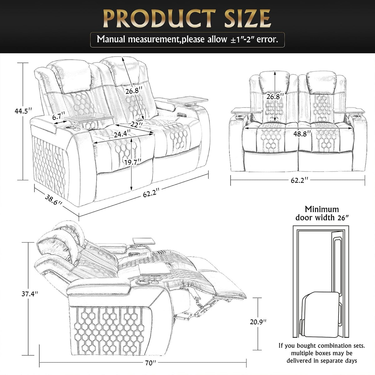62-inch power reclining loveseat dimensions and doorway clearance diagram