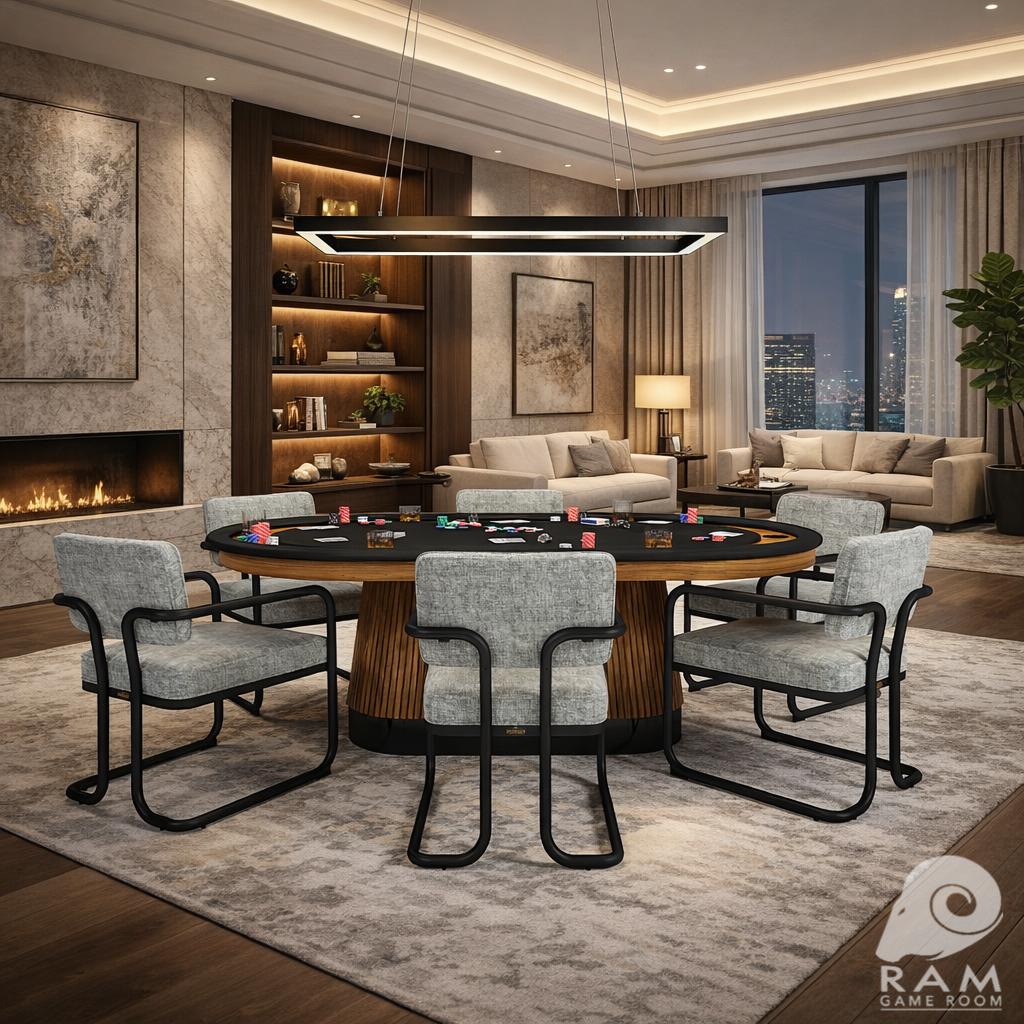 Modern game room with 47-inch rectangular LED light fixture illuminating a pool table