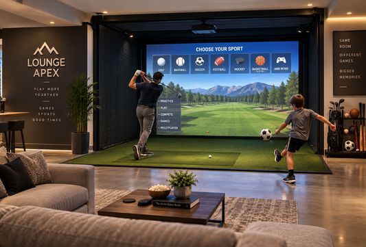 Luxury home multi-sport simulator room with large projection screen, turf and lounge seating
