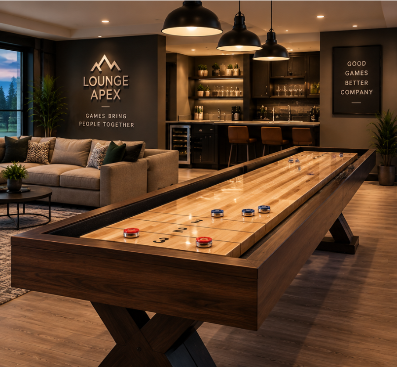 Luxury wood shuffleboard table in a modern home game room with lounge seating and bar area