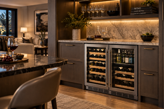 Wine and beverage refrigerator built in to home bar