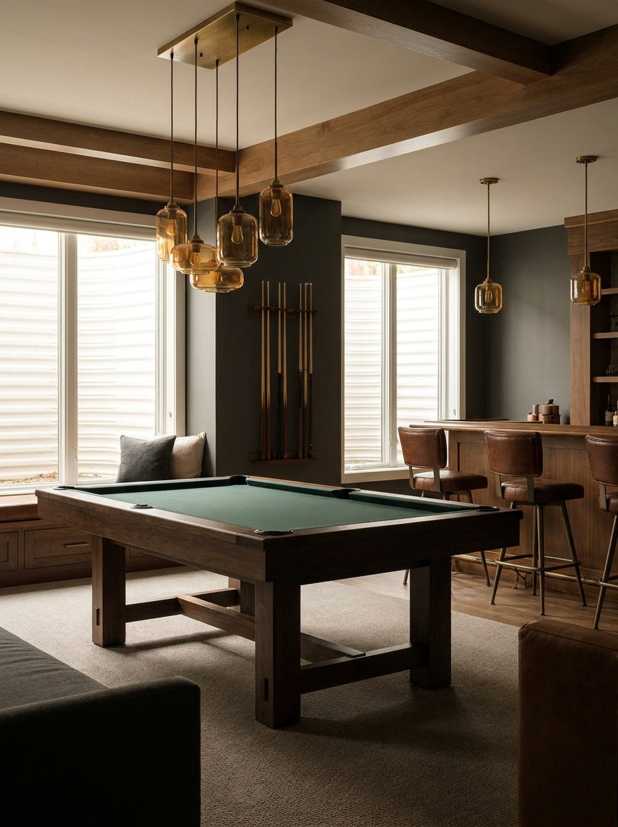 Pool table with green cloth in a warm modern game room with bar seating and pendant lighting