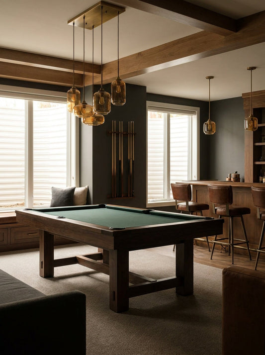 Pool table with green cloth in a warm modern game room with bar seating and pendant lighting