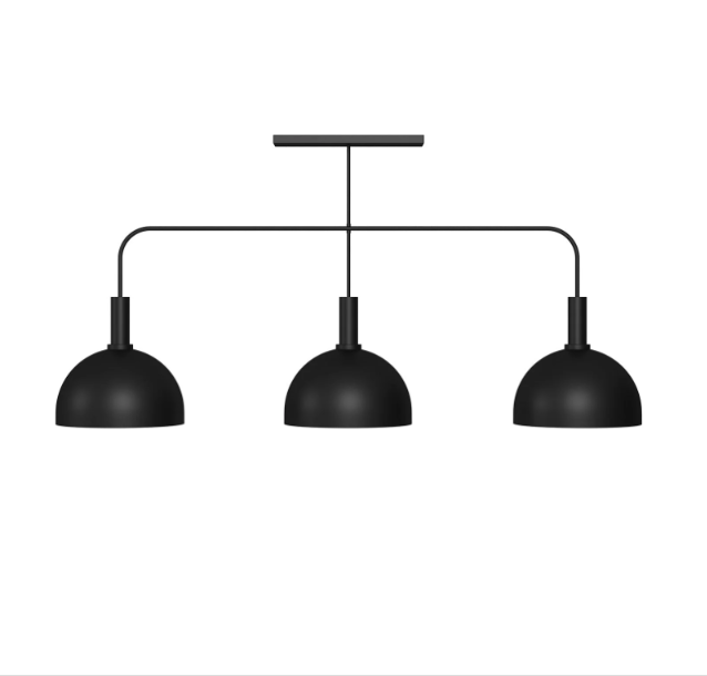 56-inch Prohibition Bootlegger 3-light fixture with three matte black metal shades on a white background