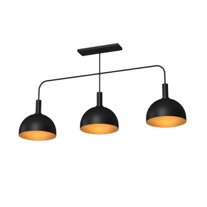 Prohibition Bootlegger 3-light fixture with illuminated orange-gold shade interiors on a white background