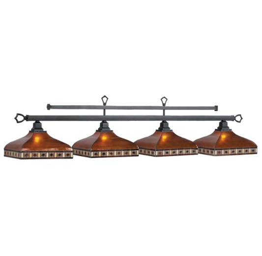 Tahoe 4-shade billiard fixture with amber mica and stained glass shades and matte black metal frame