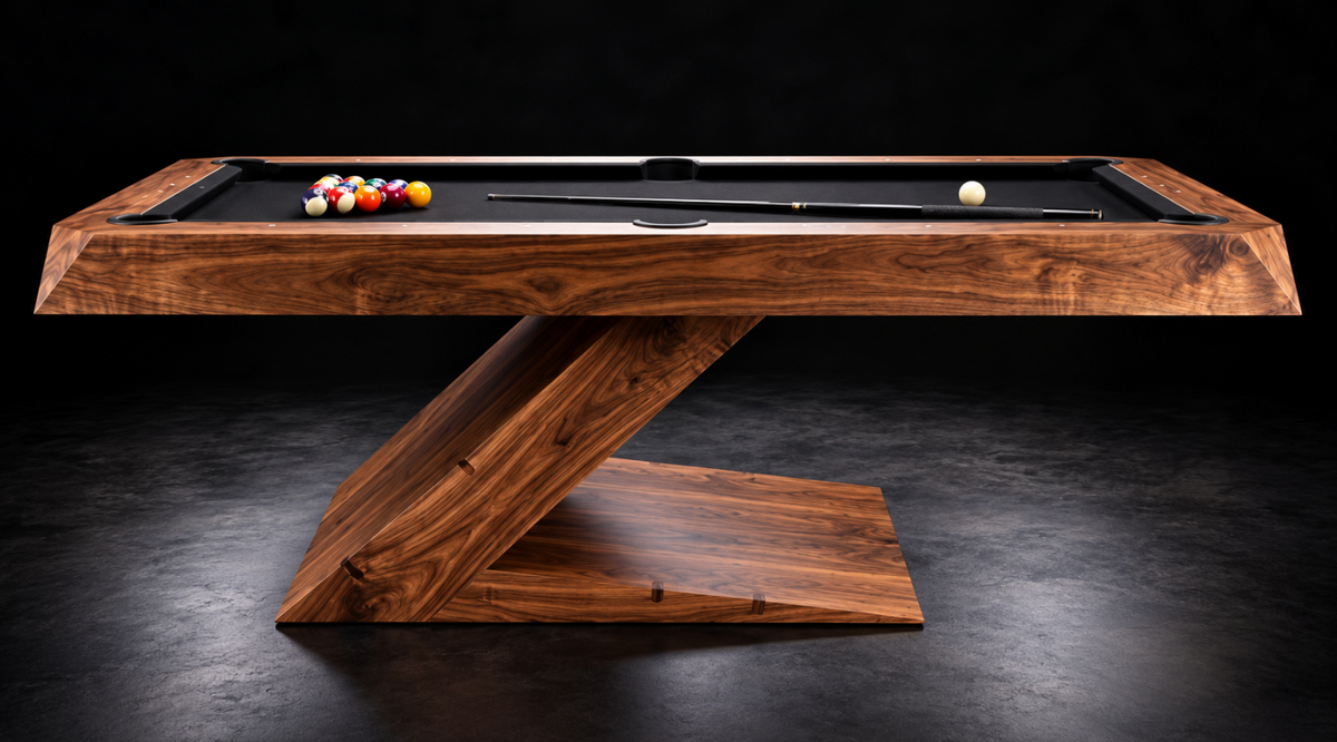 Black Onyx Walnut Contemporary Pool Table with rich walnut rails, black felt, and sculptural angled base.