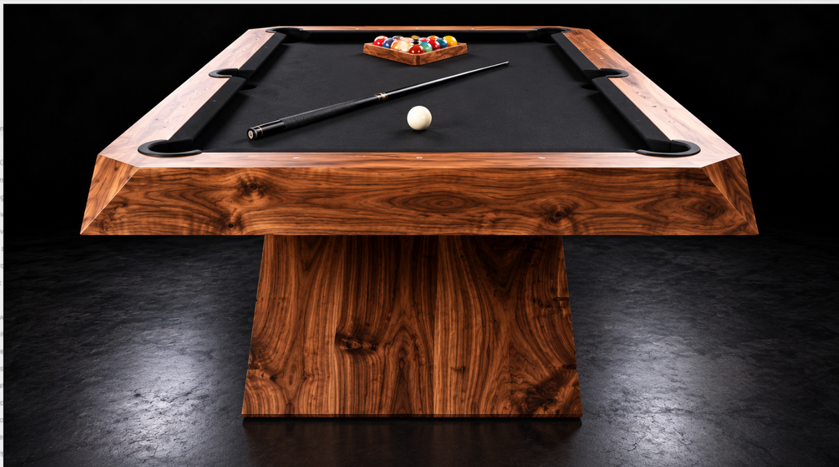 Side view of the Black Onyx Walnut pool table highlighting its dramatic walnut grain and angular pedestal base.