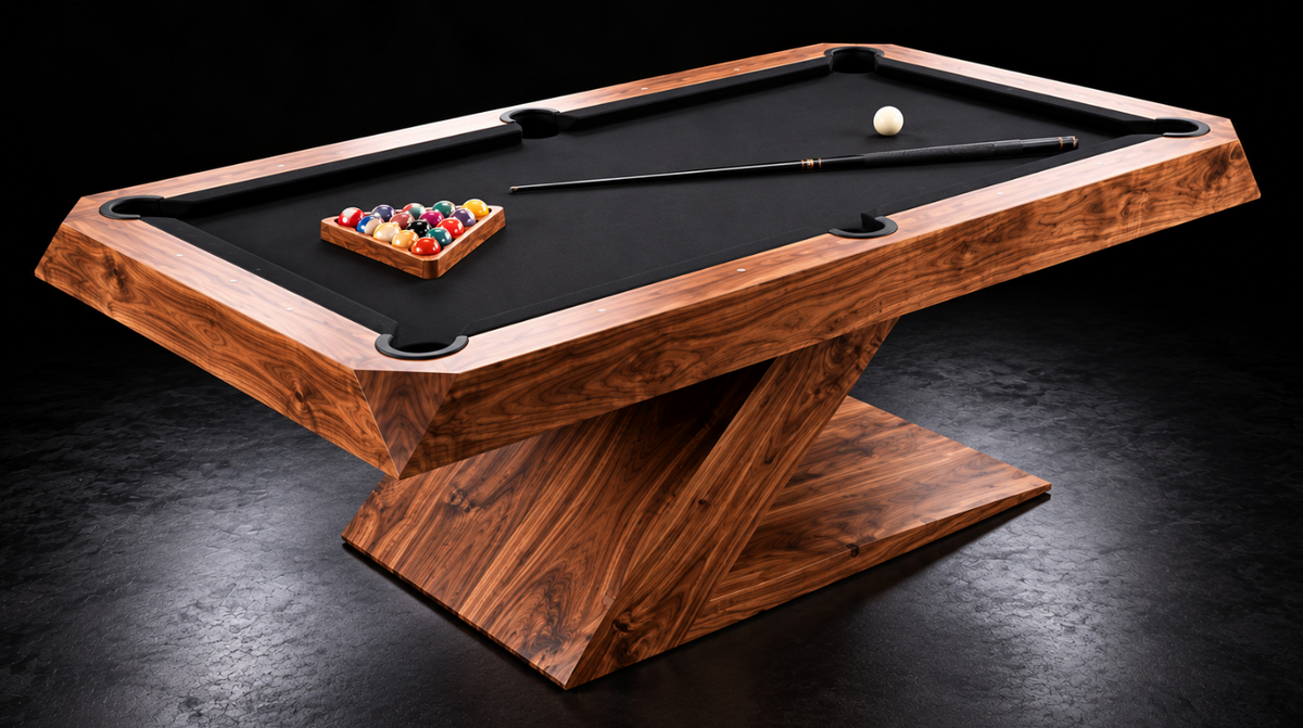 End view of the Black Onyx Walnut Contemporary Pool Table showing the wood-grain finish and distinctive pedestal design.