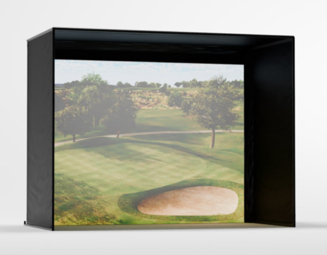 Golfer practicing inside a Carl’s Place DIY golf simulator enclosure