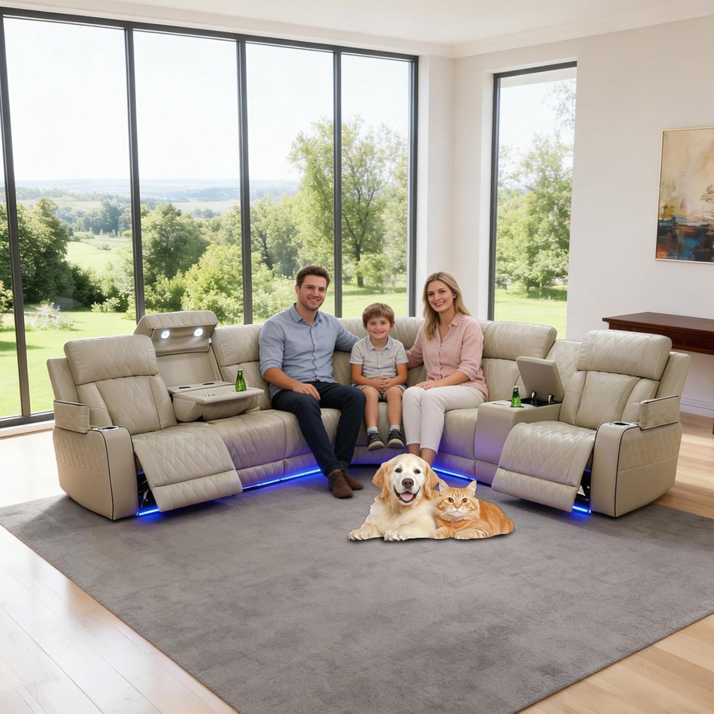 Power Reclining Leather Sectional Sofa for Home Theater, Electric Recliner Couch with Wireless Power, LED Ambient Lighting, Cup Holders & Storage, Air Leather Sofa for Living Room Comfort, Beige