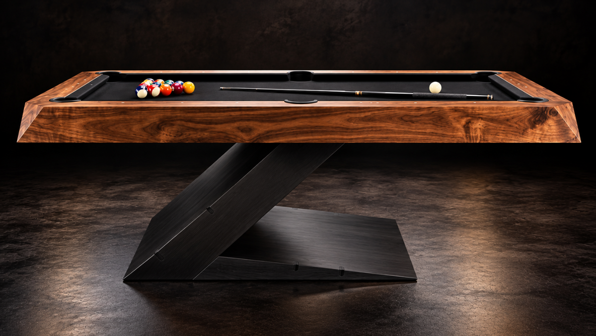 Black Onyx Walnut pool table with contrasting black angular base and richly grained walnut playing surface surround.