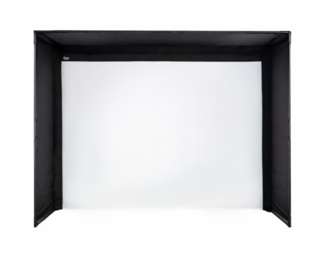Carl’s Place DIY golf simulator enclosure with white impact screen and BlackStop surround