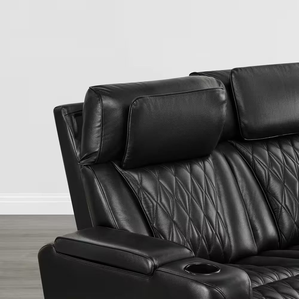 Orya Black 61.42 In. Power Recliner Chair with Dual Motor, Massage and Heat, LED Lights, Leather Home Theater Seating