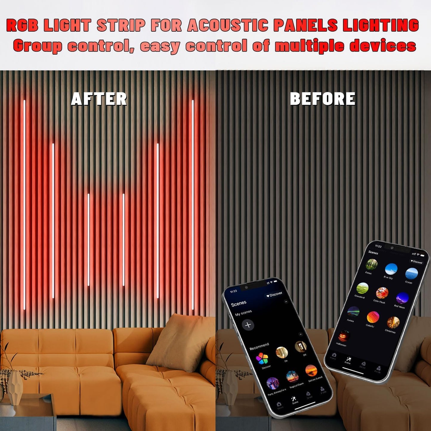 RGB Black LED Strip Light for Wood Slat Wall Panel, 6 Pcs Wifi Smart Recessed Lighting for Acoustic Panel Compatible with Alexa, Self-Adhesive Smart LED for Slat Wall (2*24+2*16+2*13 In)