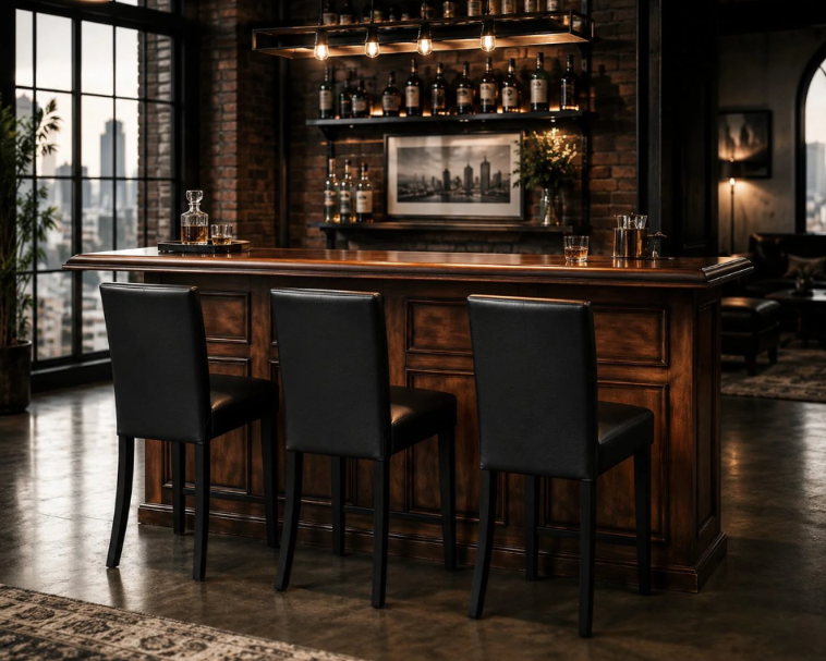 Solid wood dining and game chair shown beside a home bar in an upscale entertainment room