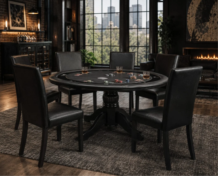 Solid wood dining and game chairs arranged around a poker table in an elegant game room