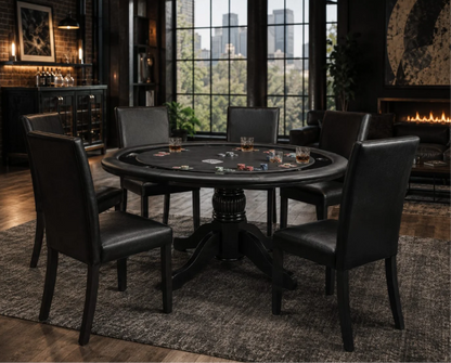 Solid wood dining and game chairs arranged around a poker table in an elegant game room