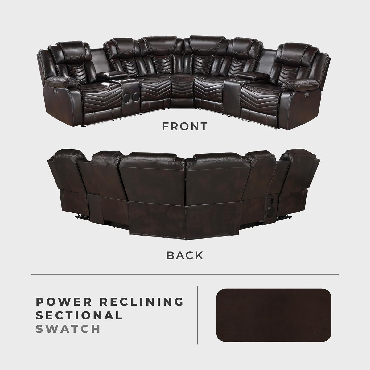 Front and rear views of dark-brown faux-leather sectional upholstery