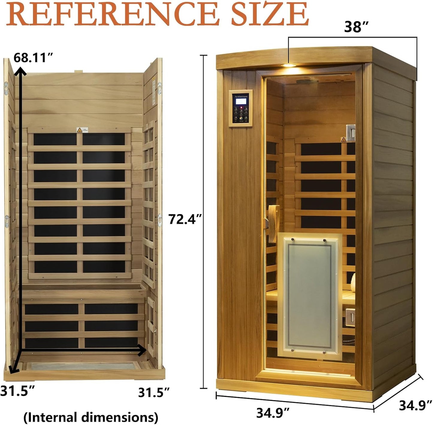 1-2 Person Infrared Sauna for Home, Low EMF Far Infrared Sauna, 1450 Watts Red Cedar Wood Sauna with Door Heating Panel, Control, Bluetooth, 8 Heating Panels, 7 Color Lights, Outdoor Lamp