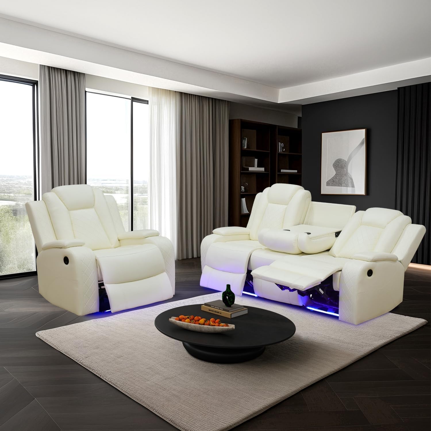 Power Leather Recliner Sofa Set with LED Light,Reclining Sofa and Chair Set with Usb,Leather Couch Set for 3 Seater Couch with Coffee Table/Single Recliner 2 PCS for Living Room(White,3+1)