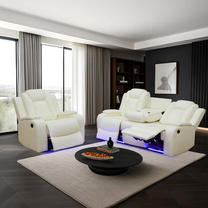 Power Leather Recliner Sofa Set with LED Light,Reclining Sofa and Chair Set with Usb,Leather Couch Set for 3 Seater Couch with Coffee Table/Single Recliner 2 PCS for Living Room(White,3+1)