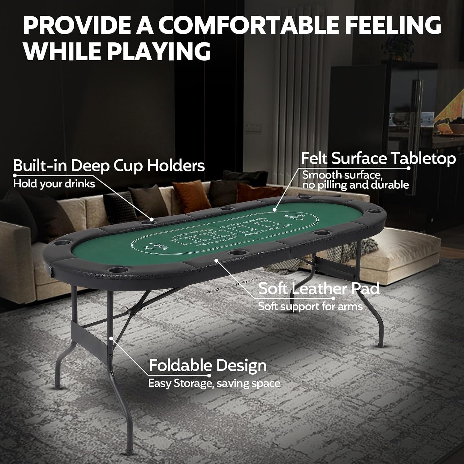 72" Portable Poker Table, Folding Poker Table, 8 Player Texas Holdem | Blackjack Table with 8 Cup Holders, Padded Surface for Casinos & Home