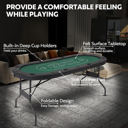 72" Portable Poker Table, Folding Poker Table, 8 Player Texas Holdem | Blackjack Table with 8 Cup Holders, Padded Surface for Casinos & Home