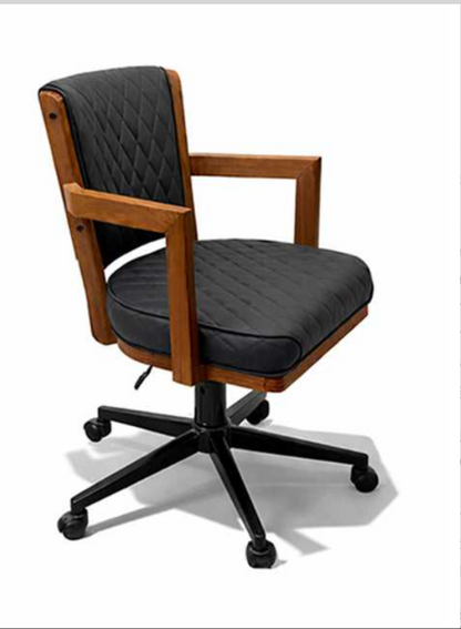Walnut Prohibition swivel game chair with diamond-quilted black upholstery and rolling casters