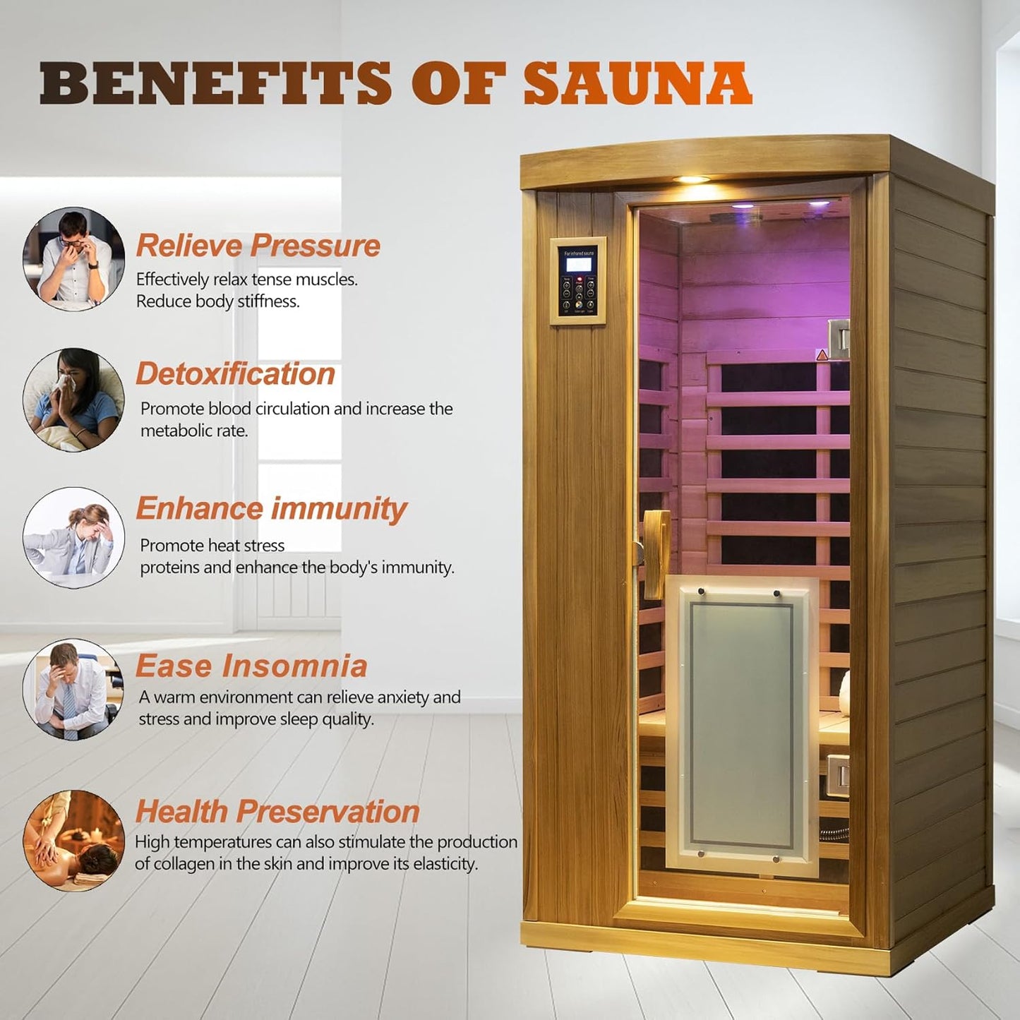1-2 Person Infrared Sauna for Home, Low EMF Far Infrared Sauna, 1450 Watts Red Cedar Wood Sauna with Door Heating Panel, Control, Bluetooth, 8 Heating Panels, 7 Color Lights, Outdoor Lamp