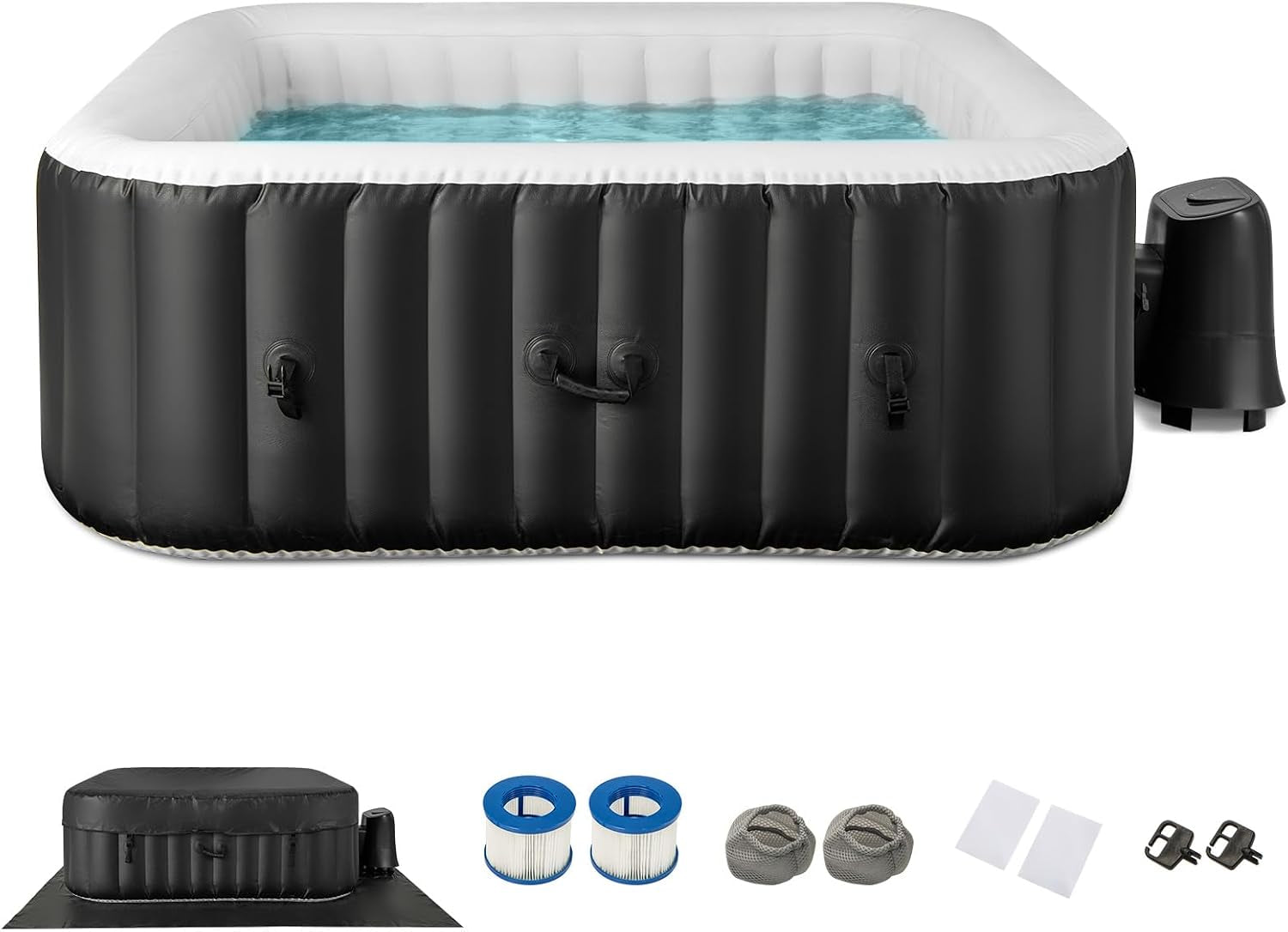 Inflatable Hot Tub, 4-6 Person Blowup Pool Hottub W/130 Air Jets, Heater Pump, Filter Cartridges, Insulated Cover, Ground Cloth, Portable Outdoor Water SPA (71’’X70’’ Rectangular, 4-6 Person)