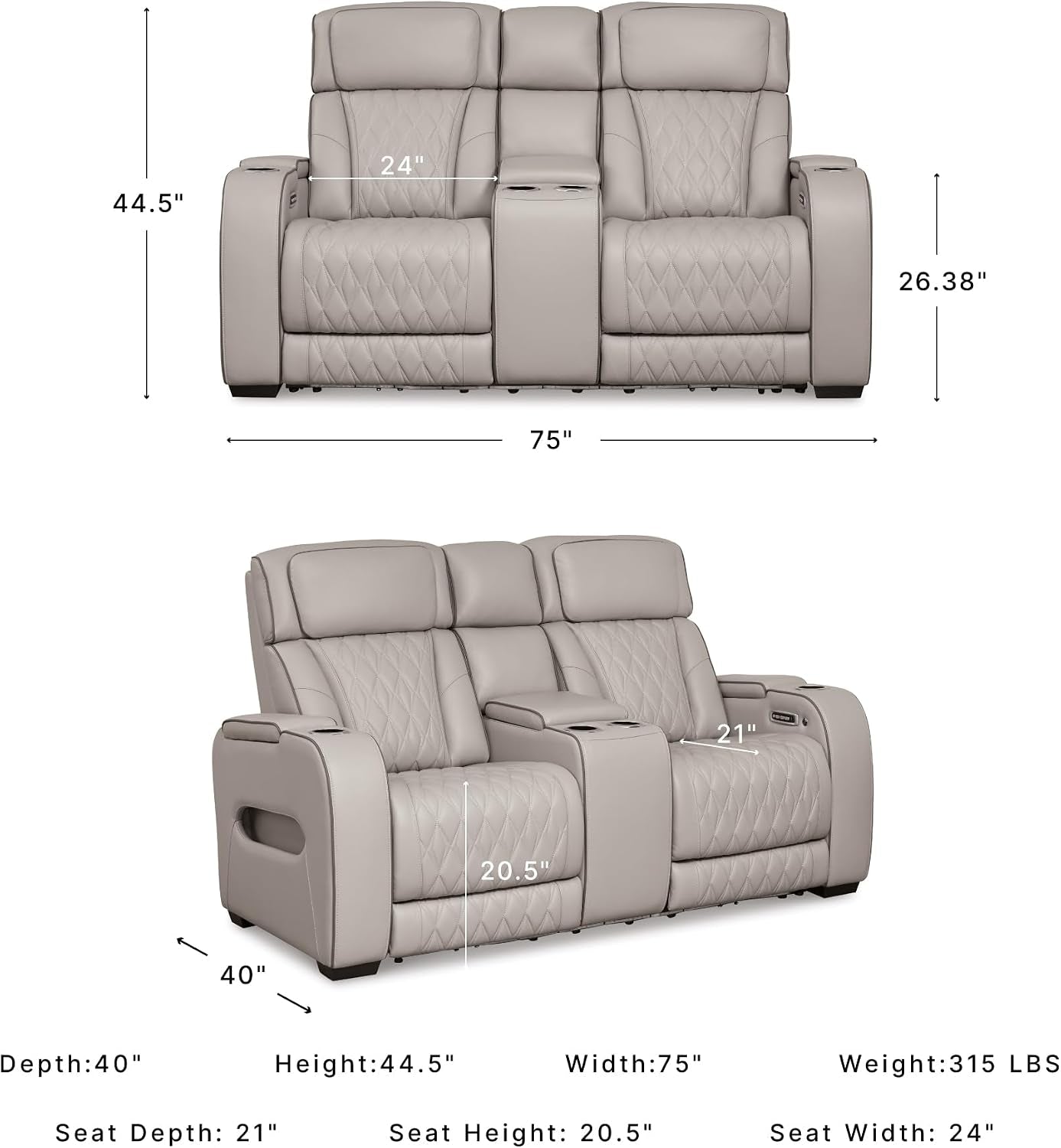 Signature Design by Ashley Power Reclining Loveseat with Console, Gray | Heated Air Massage Seats, Top Grain Leather Faux Leather Combination, Zero Gravity Recline, Home Theater Seating, Boyington