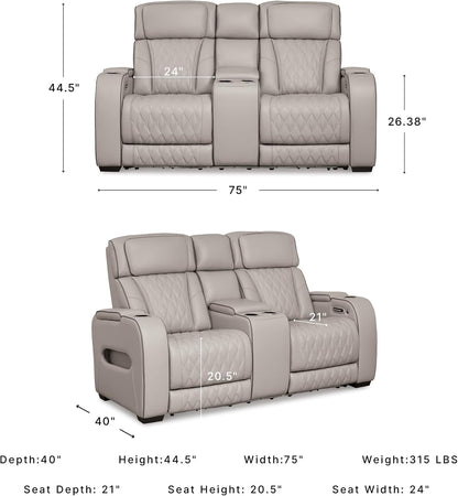 Signature Design by Ashley Power Reclining Loveseat with Console, Gray | Heated Air Massage Seats, Top Grain Leather Faux Leather Combination, Zero Gravity Recline, Home Theater Seating, Boyington