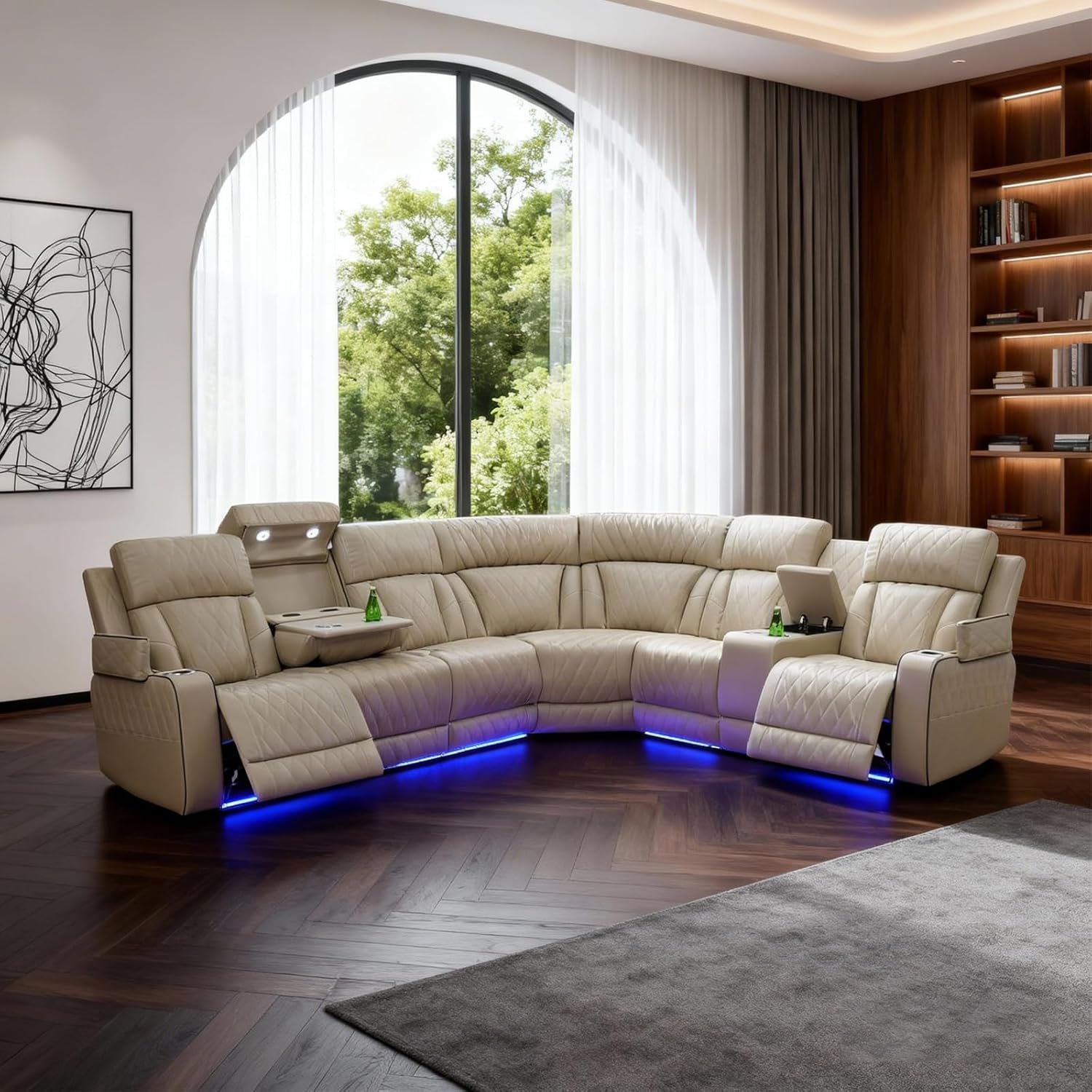 Power Reclining Leather Sectional Sofa for Home Theater, Electric Recliner Couch with Wireless Power, LED Ambient Lighting, Cup Holders & Storage, Air Leather Sofa for Living Room Comfort, Beige