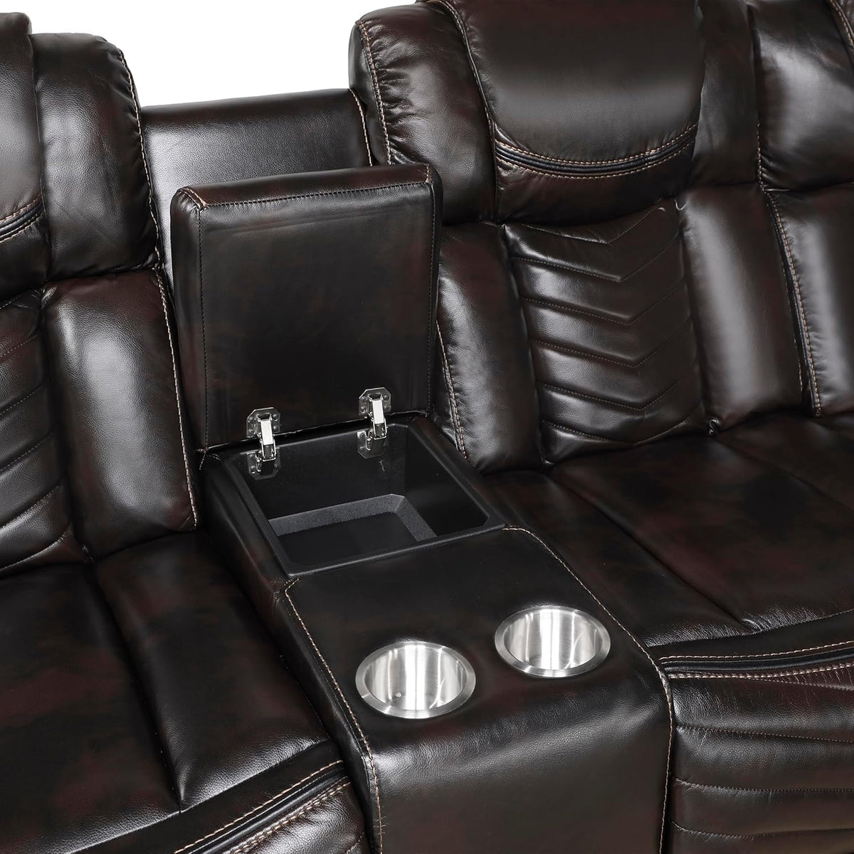 Open storage console and integrated cup holders on Lexicon sectional