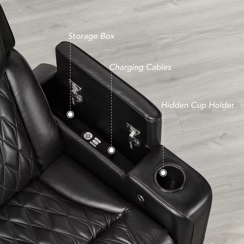 Orya Black 61.42 In. Power Recliner Chair with Dual Motor, Massage and Heat, LED Lights, Leather Home Theater Seating