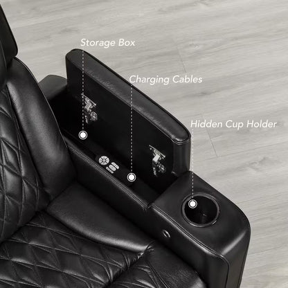 Orya Black 61.42 In. Power Recliner Chair with Dual Motor, Massage and Heat, LED Lights, Leather Home Theater Seating