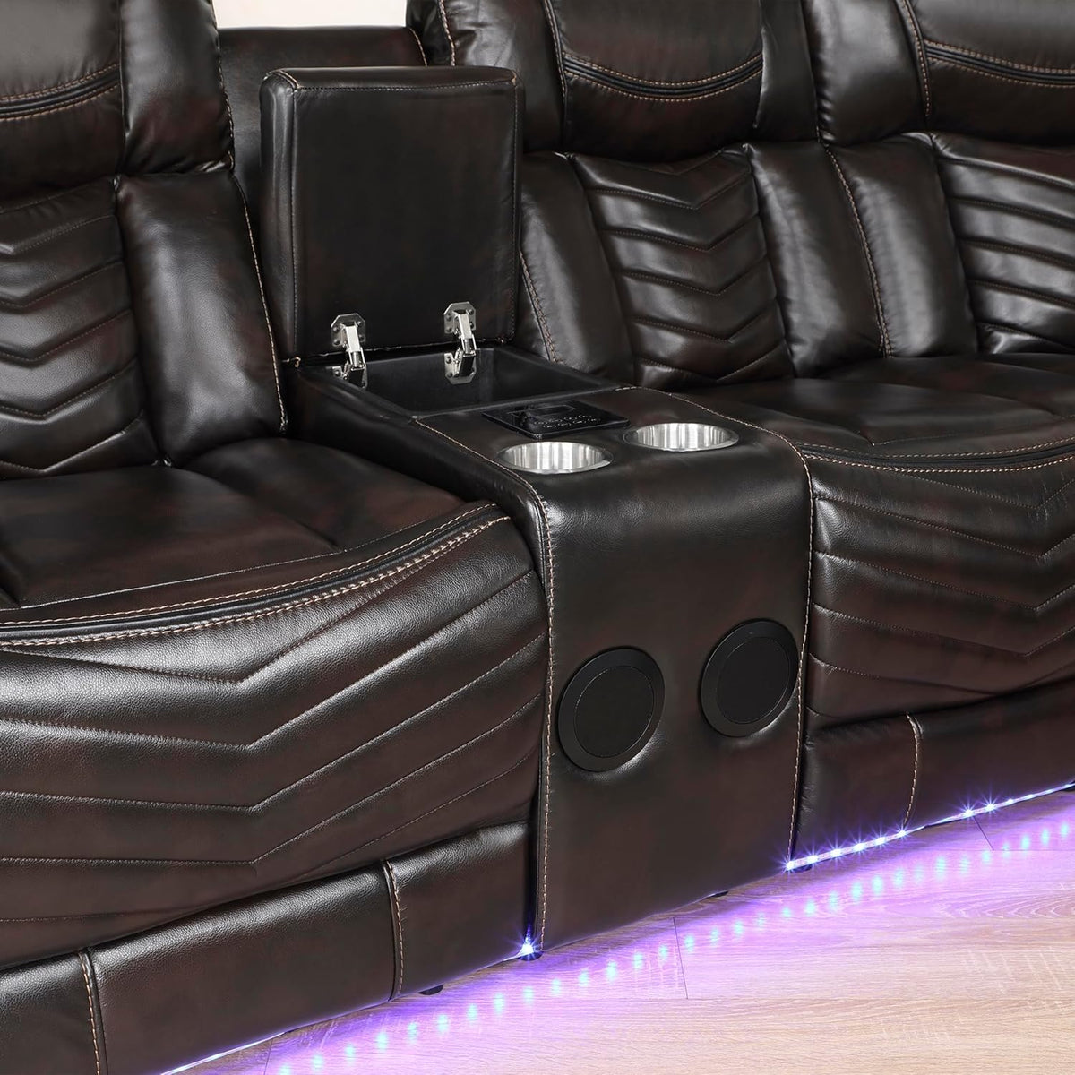 Built-in speakers and subwoofer inside the sectional console