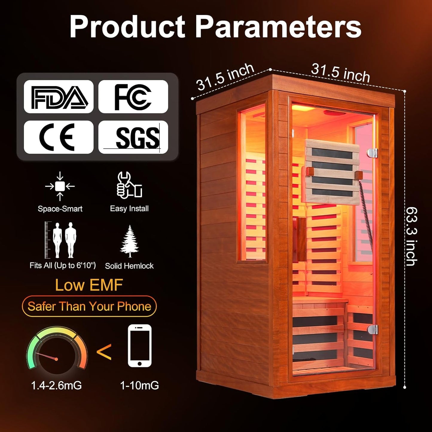 Infrared Sauna with Fda-Certified 660Nm & 850Nm Red Light Therapy | Full Spectrum, 1.4 Mg Ultra Low EMF, Fast Heat-Up, Canadian Hemlock, 7 Carbon Fiber Heaters, Easy Assembly, 1170W 110V