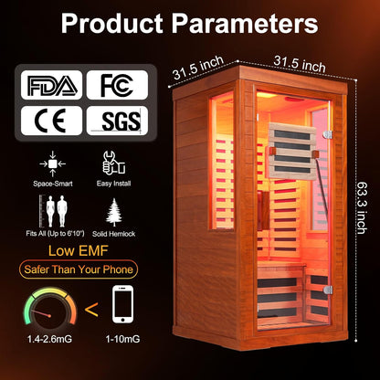 Infrared Sauna with Fda-Certified 660Nm & 850Nm Red Light Therapy | Full Spectrum, 1.4 Mg Ultra Low EMF, Fast Heat-Up, Canadian Hemlock, 7 Carbon Fiber Heaters, Easy Assembly, 1170W 110V