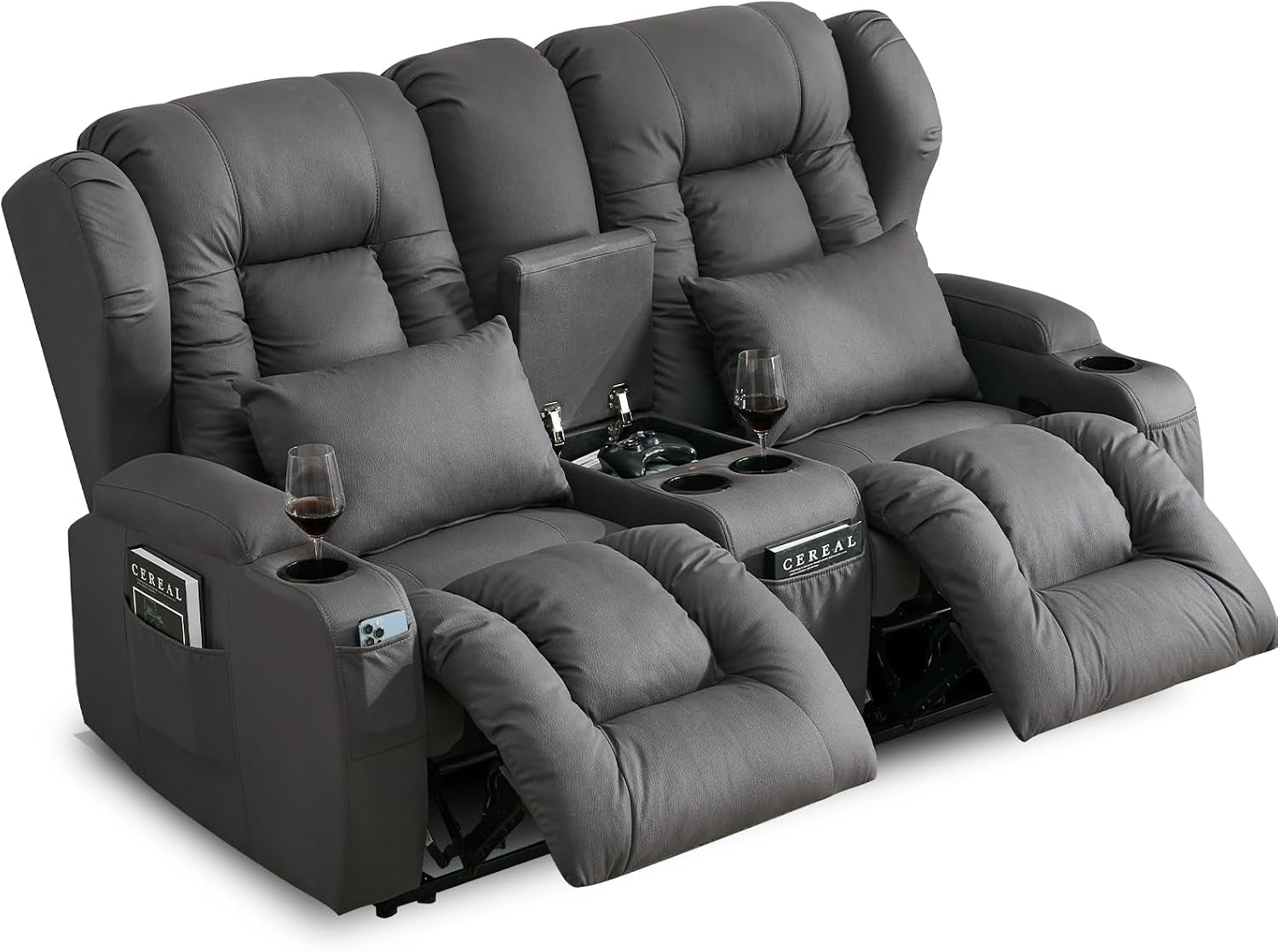 65.5" Loveseat Recliner Sofa | Double Recliner Sofa & Console | Wall Hugger Loveseat Reclining RV Theater Seats | RV Couch Home Theater Seating Furniture (Fabric Gray)