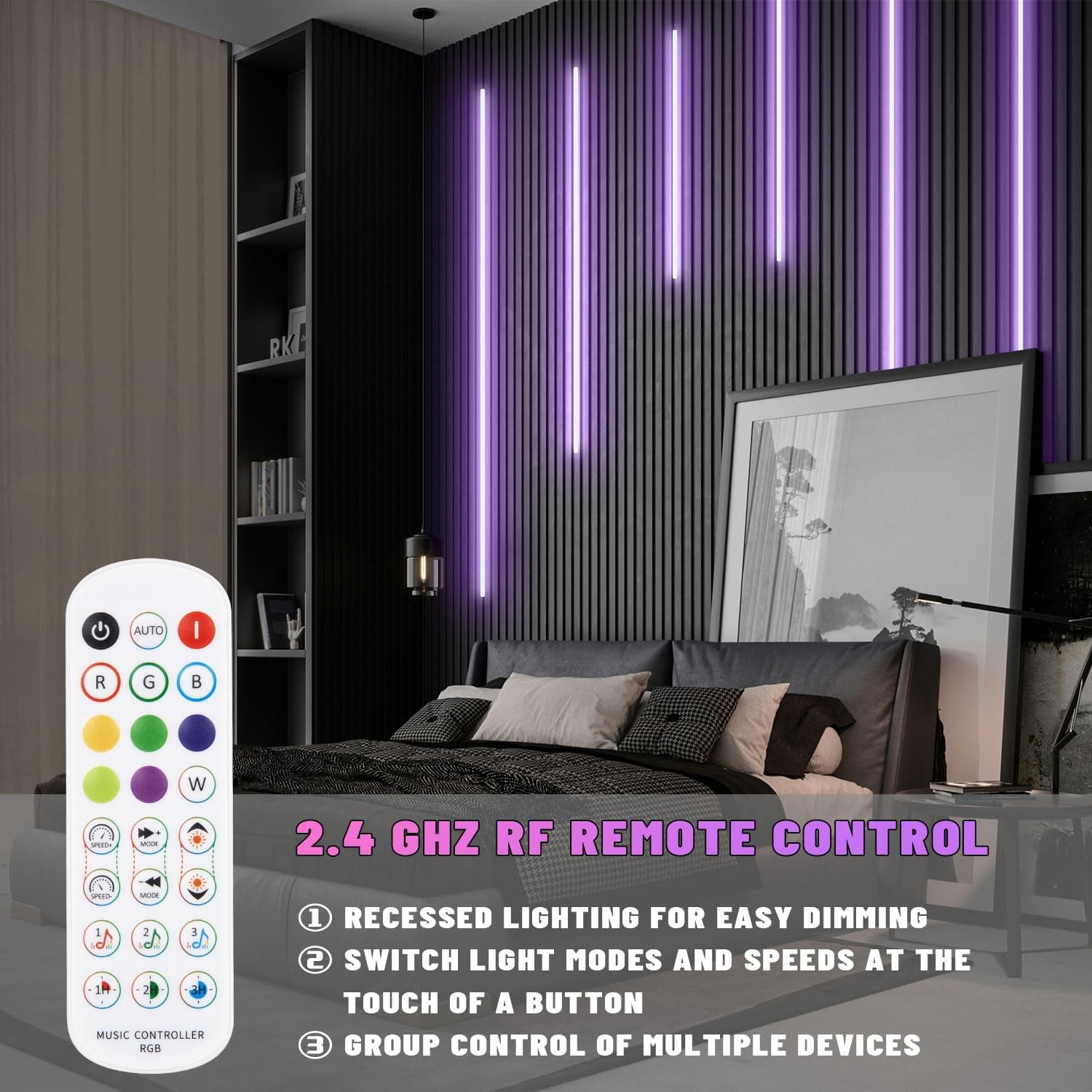 RGB Black LED Strip Light for Wood Slat Wall Panel, 6 Pcs Wifi Smart Recessed Lighting for Acoustic Panel Compatible with Alexa, Self-Adhesive Smart LED for Slat Wall (2*24+2*16+2*13 In)
