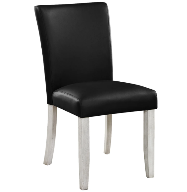 Antique White solid wood dining and game chair with padded black vinyl upholstery