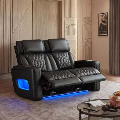 Orya Black 61.42 In. Power Recliner Chair with Dual Motor, Massage and Heat, LED Lights, Leather Home Theater Seating
