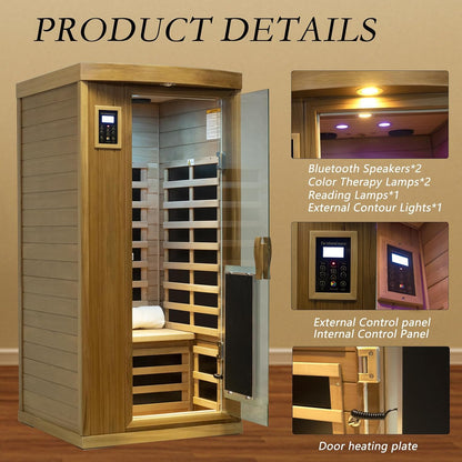 1-2 Person Infrared Sauna for Home, Low EMF Far Infrared Sauna, 1450 Watts Red Cedar Wood Sauna with Door Heating Panel, Control, Bluetooth, 8 Heating Panels, 7 Color Lights, Outdoor Lamp